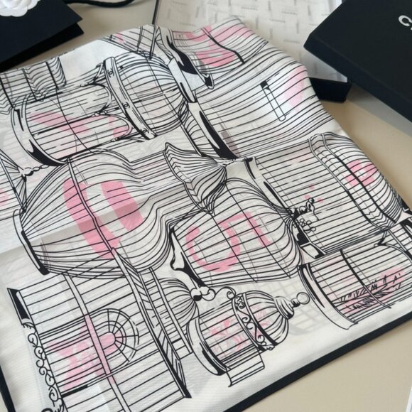 Pink & Black - Birdcage Print Silk Scarf Size 90*90cm - Picture 4 of 5